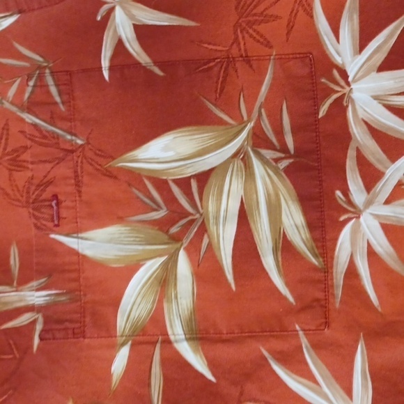 PIERRE CARDIN, MENS SHORT SLEEVE BUTTON UP SHIRT, XL. Red with beige leaves. - Picture 4 of 4